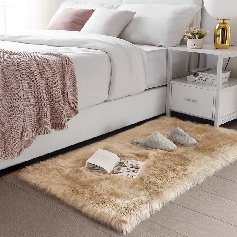 SERISSA Soft Faux Sheepskin Fur Area Rug Beige Fluffy Rug Plush Chair Cover Seat Pad Fuzzy Carpet Furry Beside Rugs for Bedroom Floor Sofa Living Room 2x4 Feet (Rectangular,Beige) - Image 2